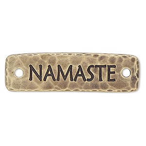 Focal, TierraCast&reg;, antique brass-plated pewter (tin-based alloy), 40x11.5mm single-sided hammered rectangle with &quot;NAMASTE.&quot; Sold per pkg of 2.
