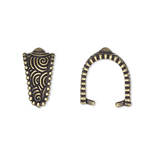 Bail, TierraCast&reg;, ice-pick, antique brass-plated pewter (tin-based alloy), 17x9mm with swirl design and beaded border, 12mm grip length. Sold per pkg of 2.