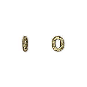 Component, TierraCast&reg;, antique brass-plated pewter (tin-based alloy), 8x6.5mm hammered oval ring with 4x2mm hole. Sold per pkg of 4.