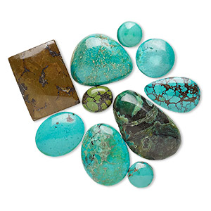 Cabochon mix, magnesite and turquoise (dyed / stabilized), blue / green / blue-green, 6mm-25x16mm non-calibrated freeform, Mohs hardness 3-1/2 to 4. Sold per pkg of 10.