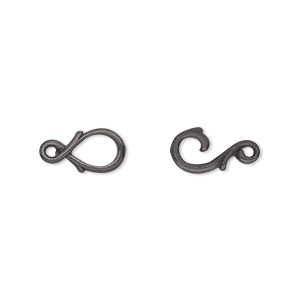 Clasp, TierraCast&reg;, hook-and-eye, black-plated pewter (tin-based alloy), 16x7mm fancy vine. Sold per pkg of 10.