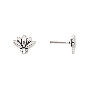 Earstud, TierraCast&reg;, &quot;Make a Statement&quot; collection, antique silver-plated pewter, 11.5x7mm lotus with renewal theme and closed loop with titanium post. Sold per pkg of 5 pairs.
