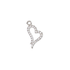 Charm, cubic zirconia and rhodium-plated sterling silver, clear, 14.5x9mm single-sided open heart. Sold individually.