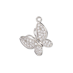Charm, cubic zirconia and rhodium-plated sterling silver, clear, 20mm single-sided butterfly. Sold individually.