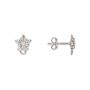 Earstud, cubic zirconia and rhodium-plated sterling silver, clear, 10x8mm flower with closed loop. Sold per pair.