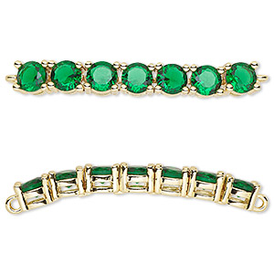 Focal, cubic zirconia and gold-plated brass, emerald, 40x5mm curved rectangle. Sold individually.