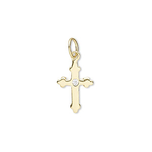 Drop, gold-plated sterling silver and cubic zirconia, clear, 13x9mm single-sided cross. Sold individually.