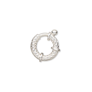 Clasp, springring, sterling silver, 14mm dotted round. Sold individually.