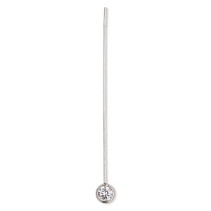 Head pin, cubic zirconia and rhodium-plated sterling silver, clear, 2-1/4 inches with 5mm ball, 20 gauge. Sold per pkg of 2.