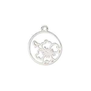 Charm, Amoracast&reg;, sterling silver, 14mm double-sided open round with hibiscus flower. Sold individually.