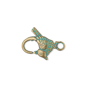 Clasp, lobster claw, antique brass-plated &quot;pewter&quot; (zinc-based alloy), green patina, 18x17mm double-sided bird. Sold per pkg of 8.