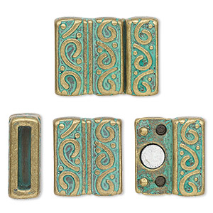 Clasp, magnetic, antique brass-plated &quot;pewter&quot; (zinc-based alloy), green patina, 21.5x16.5mm double-sided rectangle with swirl design and glue-in ends, 12x2mm inside diameter. Sold individually.