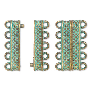 Clasp, 5-strand magnetic, antique brass-plated &quot;pewter&quot; (zinc-based alloy), green patina, 24.5 x 9mm rectangle with textured design. Sold individually.