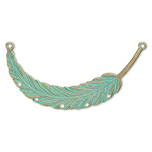 Connector, antique brass-plated &quot;pewter&quot; (zinc-based alloy), green patina, 3-1/4 x 1-1/2 inch single-sided curved feather with 5 holes. Sold individually.