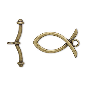 Clasp, toggle, antique brass-plated &quot;pewter&quot; (zinc-based alloy), 23x15mm Christian fish. Sold per pkg of 4.