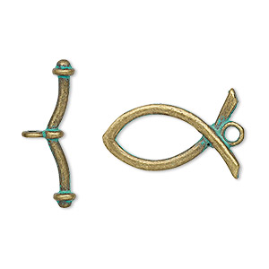 Clasp, toggle, antique brass-plated &quot;pewter&quot; (zinc-based alloy), green patina, 23x15mm Christian fish. Sold per pkg of 4.