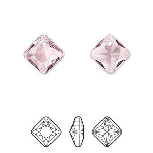 Drop, Crystal Passions&reg;, light rose, 11.5mm faceted princess cut pendant (6431). Sold per pkg of 2.