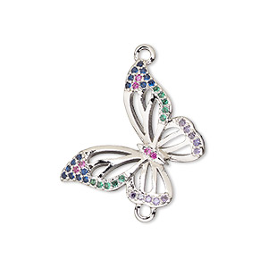 Link, cubic zirconia and silver-finished brass, multicolored, 20.5mm single-sided butterfly. Sold individually.