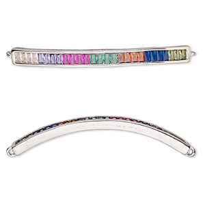 Link, cubic zirconia and silver-finished brass, multicolored, 42.5x4mm single-sided curved bar. Sold individually.