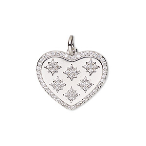Charm, cubic zirconia and silver-finished brass, clear, 18x16mm single-sided heart with 5mm open jump ring. Sold individually.
