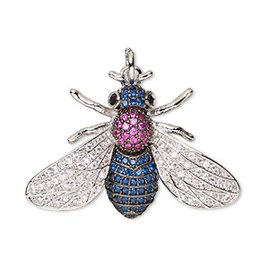 Focal, cubic zirconia and silver-finished brass, multicolored, 30x21mm single-sided bug with (1) 5mm open jump ring. Sold individually.