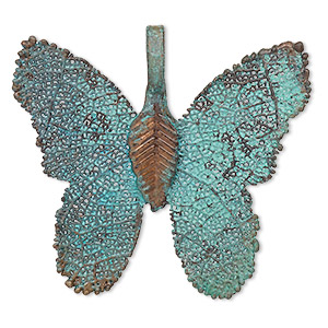 Pendant, copper-plated brass and Indian rubber plant, green patina, 31x28mm-32x28mm double-sided butterfly. Sold individually.