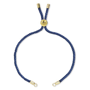 Bracelet component, nylon and gold-finished &quot;pewter&quot; (zinc-based alloy), cobalt, 3mm wide, 8-3/4 inches with 9mm flat round adjustable slider bead with tree of life design and 2 open loops. Sold individually.