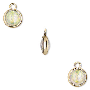 Drop, Opalized Ice&#153;, &quot;opal&quot; (resin) and gold-finished brass, white, 9.5mm double-sided round. Sold per pkg of 6.