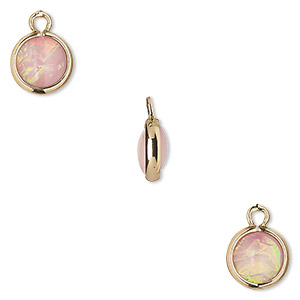 Drop, Opalized Ice&#153;, &quot;opal&quot; (resin) and gold-finished brass, light pink, 9.5mm double-sided round. Sold per pkg of 6.