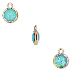 Drop, Opalized Ice&#153;, &quot;opal&quot; (resin) and gold-finished brass, light blue, 9.5mm double-sided round. Sold per pkg of 6.