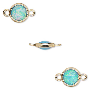 Link, Opalized Ice&#153;, &quot;opal&quot; (resin) and gold-finished brass, light blue, 9.5mm double-sided round. Sold per pkg of 6.
