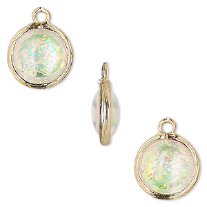 Drop, Opalized Ice&#153;, &quot;opal&quot; (resin) and gold-finished brass, white, 14mm double-sided round. Sold per pkg of 4.
