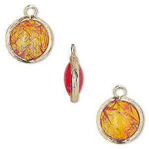 Drop, Opalized Ice&#153;, &quot;opal&quot; (resin) and gold-finished brass, orange, 14mm double-sided round. Sold per pkg of 4.
