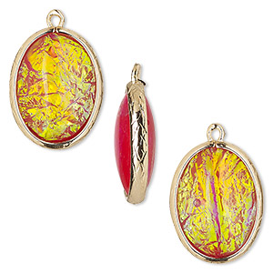 Drop, Opalized Ice&#153;, &quot;opal&quot; (resin) and gold-finished brass, orange, 20x15mm double-sided oval. Sold per pkg of 4.