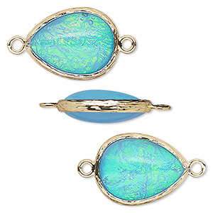 Link, Opalized Ice&#153;, &quot;opal&quot; (resin) and gold-finished brass, light blue, 19.5x15mm double-sided teardrop. Sold per pkg of 4.