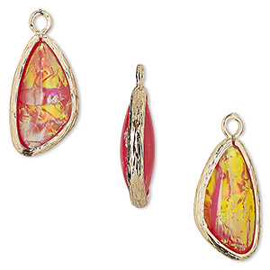 Drop, Opalized Ice&#153;, &quot;opal&quot; (resin) and gold-finished brass, orange, 19.5x11mm double-sided wing. Sold per pkg of 4.