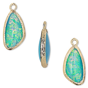 Drop, Opalized Ice&#153;, &quot;opal&quot; (resin) and gold-finished brass, light blue, 19.5x11mm double-sided wing. Sold per pkg of 4.