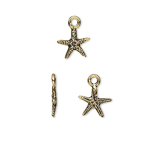 Charm, TierraCast&reg;, antique gold-plated pewter (tin-based alloy), 10mm 3D sea star. Sold per pkg of 4.