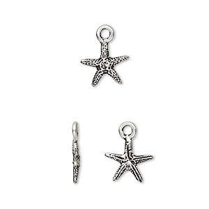 Charm, TierraCast&reg;, silver-plated pewter (tin-based alloy), 10mm 3D sea star. Sold per pkg of 20.