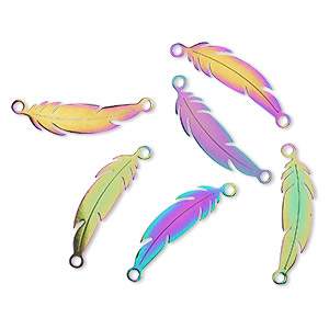 Link, electro-coated stainless steel, rainbow, 24x7mm double-sided feather. Sold per pkg of 6.