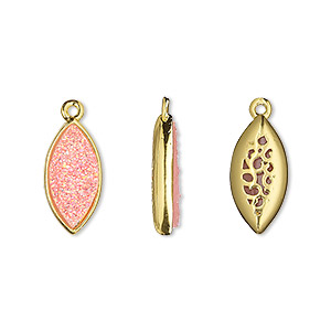 Drop, Druzylite&#153;, &quot;druzy&quot; (resin) and gold-finished brass, pink, 16x8mm two-sided marquise with open filigree back. Sold per pkg of 4.