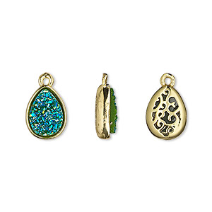 Drop, Druzylite&#153;, &quot;druzy&quot; (resin) and gold-finished brass, green, 11.5x8.5mm two-sided teardrop with open filigree back. Sold per pkg of 4.