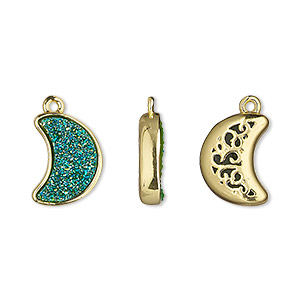 Drop, Druzylite&#153;, &quot;druzy&quot; (resin) and gold-finished brass, green, 14x10mm two-sided moon with open filigree back. Sold per pkg of 4.