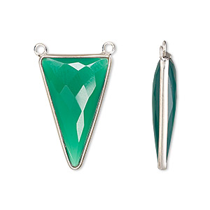 Connector, sterling silver and green onyx (dyed), 25x15mm hand-cut double-sided faceted triangle with 2 closed loops, Mohs hardness 6-1/2 to 7. Sold individually.