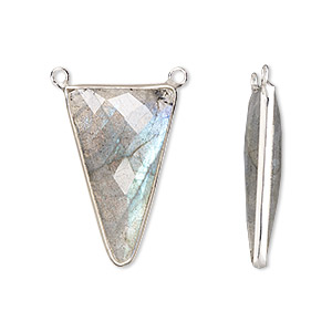 Connector, sterling silver and labradorite (natural), 25x15mm hand-cut double-sided faceted triangle with 2 closed loops, Mohs hardness 6 to 6-1/2. Sold individually.