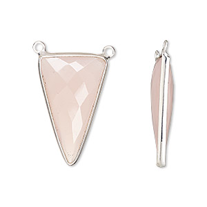 Connector, sterling silver and pink chalcedony (dyed), 25x15mm hand-cut double-sided faceted triangle with 2 closed loops, Mohs hardness 6-1/2 to 7. Sold individually.