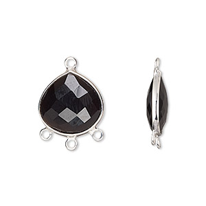 Drop, sterling silver and black onyx (dyed), 15x14mm hand-cut double-sided faceted teardrop with 3 closed loops, Mohs hardness 6-1/2 to 7. Sold individually.