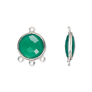Drop, sterling silver and green onyx (dyed), 14mm hand-cut double-sided faceted puffed flat round with 3 closed loops, Mohs hardness 6-1/2 to 7. Sold individually.
