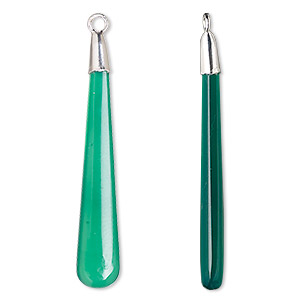 Focal, sterling silver and green onyx (dyed), 41x7mm hand-cut double-sided long teardrop, Mohs hardness 6-1/2 to 7. Sold individually.