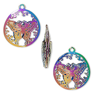 Drop, electro-coated stainless steel, rainbow, 18mm double-sided domed round with textured cut-out butterfly design. Sold per pkg of 6.